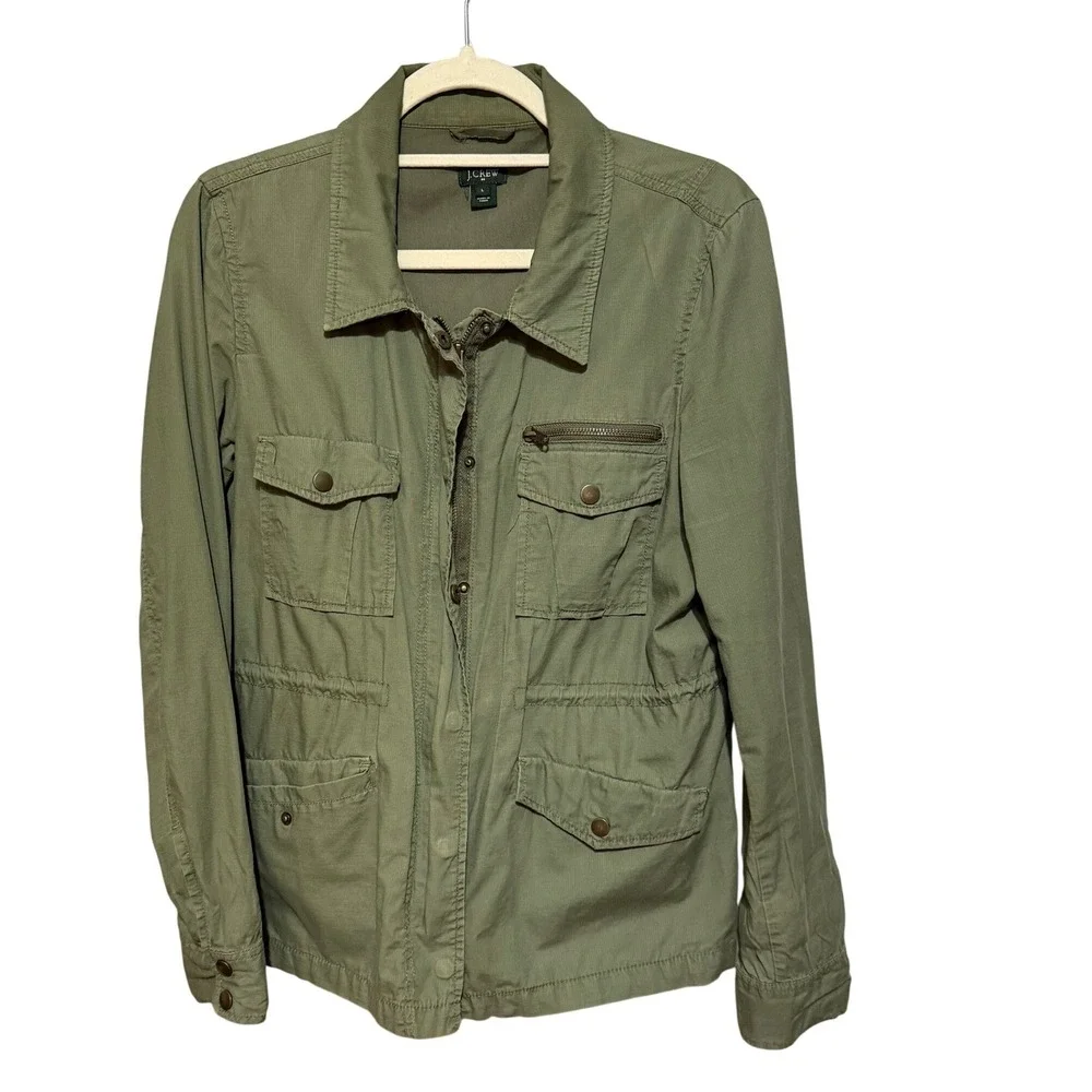 J Crew‎ Utility Jacket Military Green Cargo Pockets Zip Snap Button Sz L